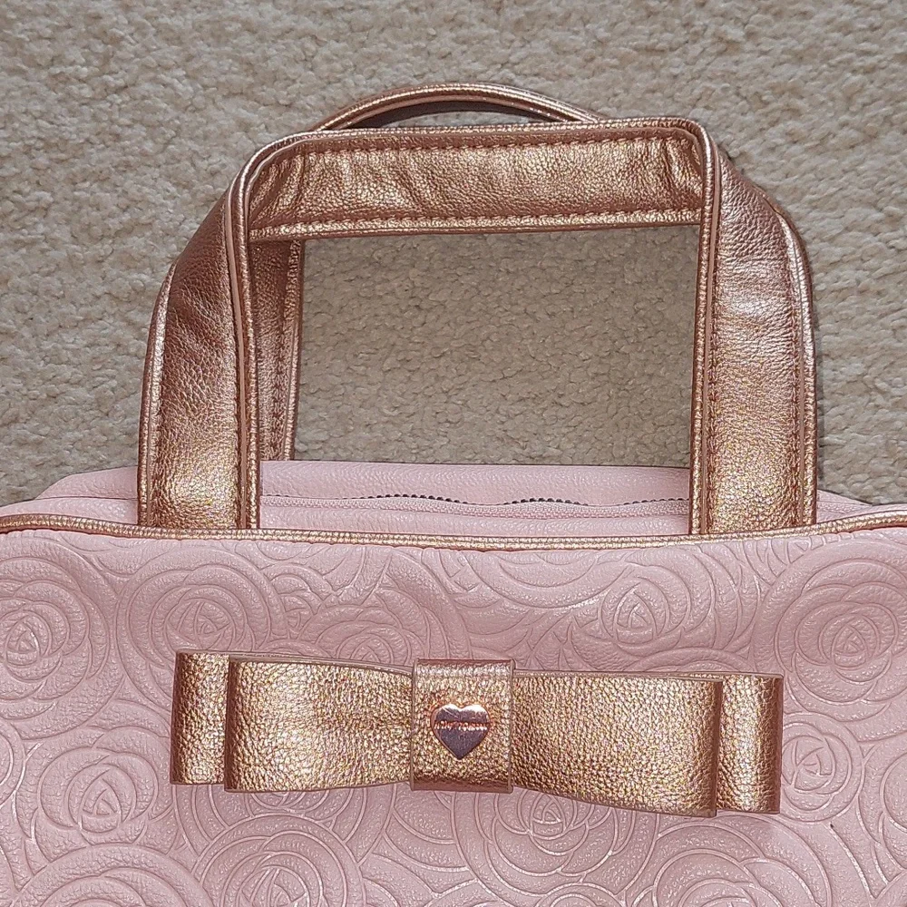Betsey Johnson Pink Rose Gold Floral Bow Travel Cosmetic Bag